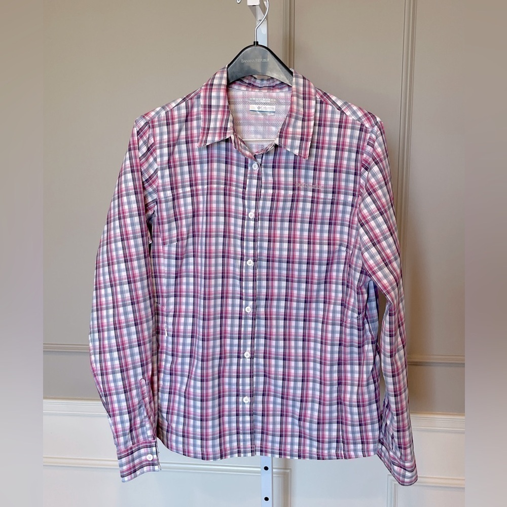 Columbia Women's XL Plaid Roll Tab Omni-Shade Sun Protection SPF XL pink gray